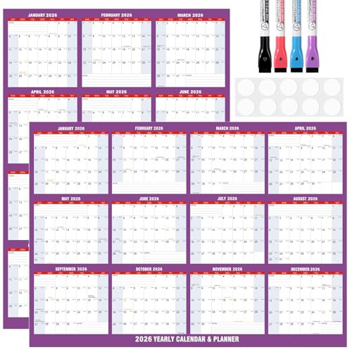 32" x 48" 2026 Dry Erase Wall Calendar w/ 4 Dry Erase Markers