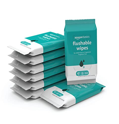 Amazon Basics Flushable Adult Toilet Wipes, Fragrance Free, 8-Pack (336 Count)