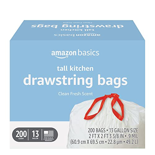 Amazon Basics 200-Pack 13-Gallon Tall Kitchen Drawstring Trash Bags (Clean Fresh)