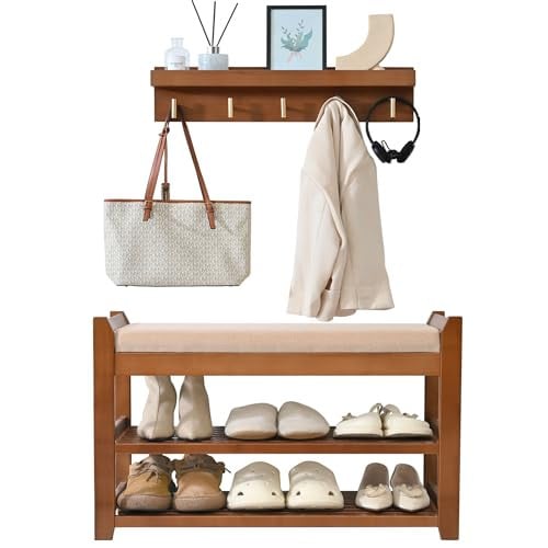 Petkaboo Bamboo Wood Entryway Shoe Storage Bench and Coat Rack Set 28" Brown Deal