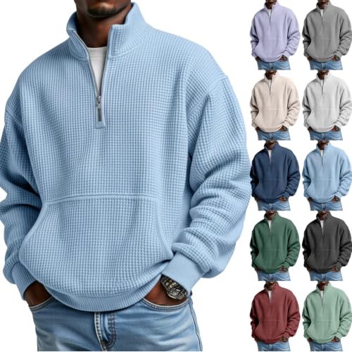 Men's Waffle Quarter Zip Mock Neck Pullover Sweatshirt
