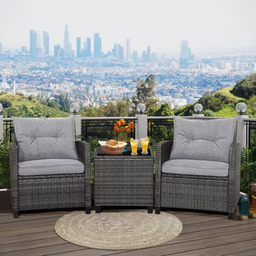 Gymax 3PCS Patio Rattan Sofa Set Outdoor Wicker Conversation Set Glass Tabletop w/ Grey Cushion Deal