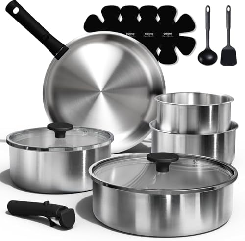 CAROTE 15-Piece Tri-Ply Stainless Steel Cookware Set with Detachable Handle