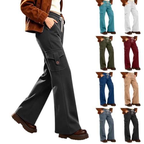 Women Fleece Lined Cargo Pants Wide Leg Flare Sweatpants Deal