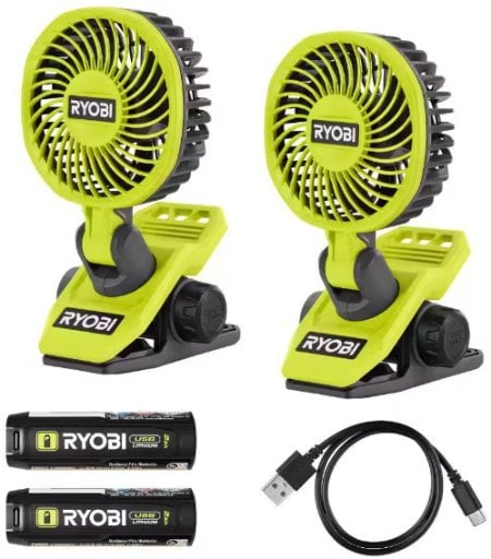 RYOBI USB Lithium Clamp Fan Kit 2-Pack with (2) 2.0 Ah USB Lithium Batteries and Charging Cable Deal