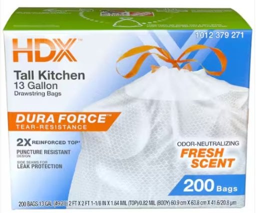 HDX 13 Gallon Reinforced Top Drawstring Fresh Scented or Unscented Tall Kitchen Trash Bags (200-Count) Deal