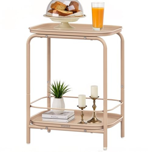 VASAGLE 2-Tier Indoor/Outdoor Table with Tray Storage, Tan