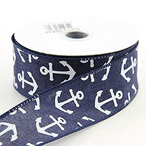 Anchor Wired Ribbon, Blue & Ivory, 1.5 inch x 10 Yard