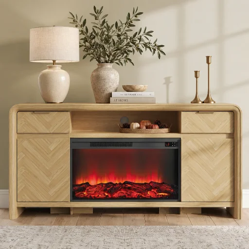Ebern Designs 63-Inch Herringbone Modern TV Stand with 30-Inch Fireplace (Natural) Deal