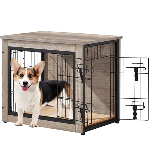 Yaheetech Wooden Dog Crate Side Table 27.5" with Double Entry & Padded Cushion