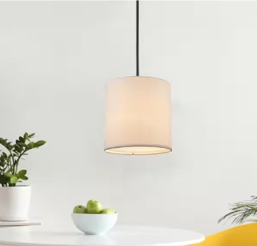 Monteaux Lighting 10 in. 1-Light Black Drum Pendant Light Fixture with Linen Shade