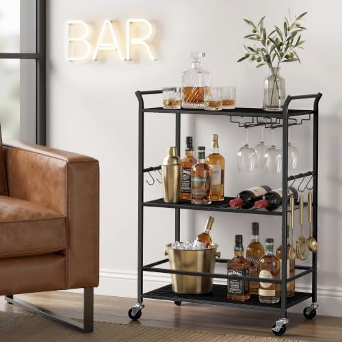 VASAGLE Bar Cart with Wheels, Drink Cart with Wine Rack and Glass Holder Deal