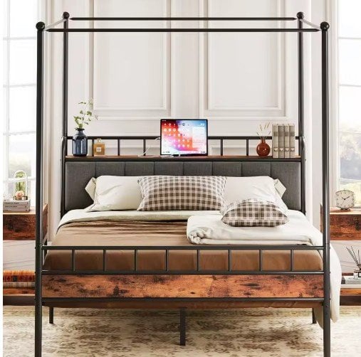 LIKIMIO Canopy Bed Frame w/Headboard Shelf, Charging Station, Removable Posts