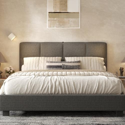 FLEXISPOT Queen Upholstered Bed Frame with USB and Type-C Charging Ports