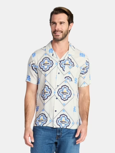 Corona Men's Tropical Graphic Short Sleeve Button-Up Shirt (Natural)