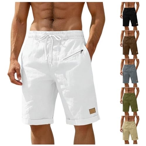 Men's Linen Shorts with Zipper Pockets Casual Drawstring Summer Beach Shorts Deal