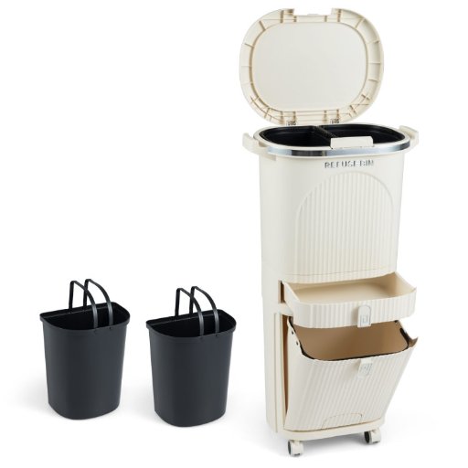 Costway 11 Gallon 3-Layer Kitchen Trash Can with Lid and 2 Removable Buckets
