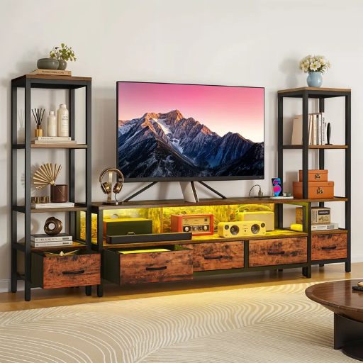 Mid-Century Modern 59" LED TV Stand with 4-Tier Bookshelves