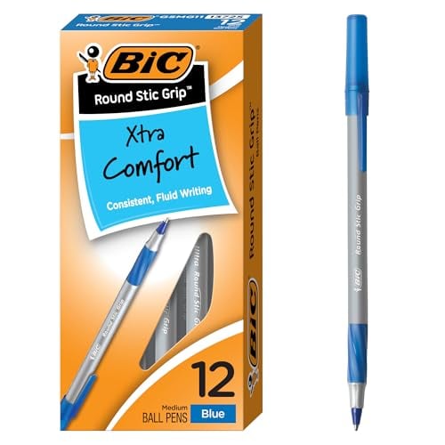 BIC Round Stic Grip Xtra Comfort Ballpoint Pen, Blue Ink 12-Count Deal