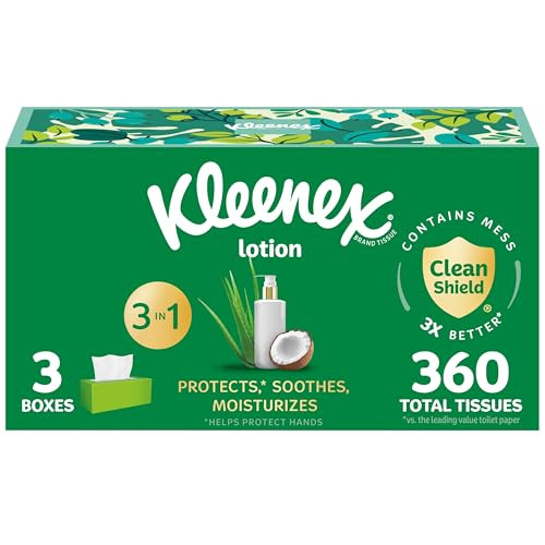 3 Pack of Kleenex Lotion Facial Tissues with Coconut Oil, 120 Tissues Per Box