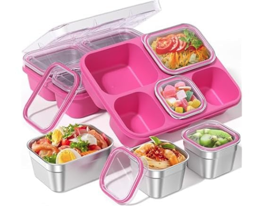 BiuLeon 34-Oz Snackle Box w/ 5 Stainless Steel Compartments (Pink)