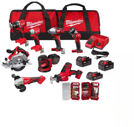 Milwaukee M18 18V Lithium-Ion 8-Tool Combo Kit 3 Batteries, Charger, Bag with SHOCKWAVE 75-Pc Bit Set