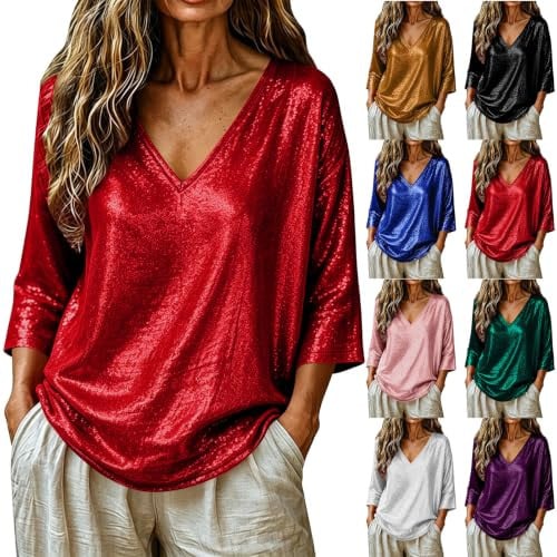V Neck 3/4 Sleeve Sequin Blouse 