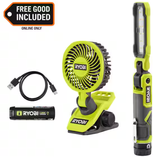 Ryobi USB Lithium Cordless 550 Lumens Rechargeable Inspection Flashlight Kit with Clamp Fan Deal