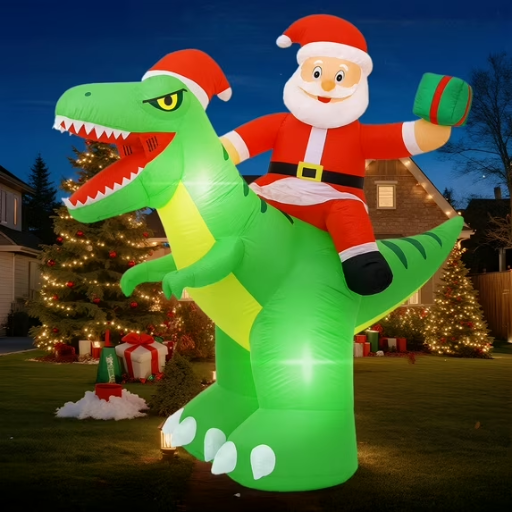 8' Dinosaur with Santa Claus Inflatable Yard Decoration