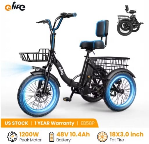 Qlife Triker 2.0 Folding Electric Trike 1200W Peak 48V 10.4Ah 18in x 3in Fat Tire Deal