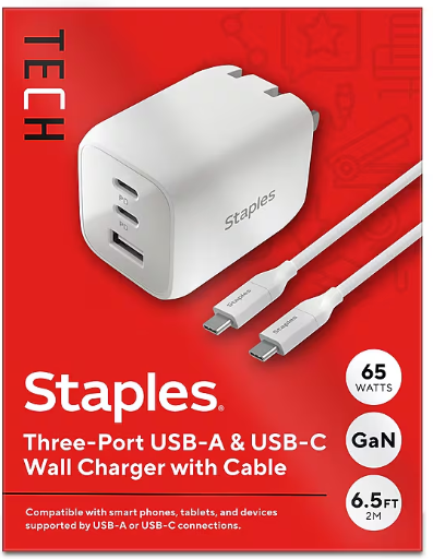 Staples TECH GaN USB-A/USB-C Wall Charger with Cable, 65W