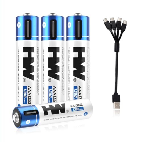HW 4-Pack AAA USB-C Rechargeable Lithium Batteries 1300mWh