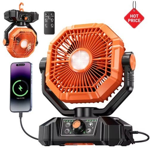 20000mAh Portable Camping Fan with LED Lantern Remote & Auto-Oscillation