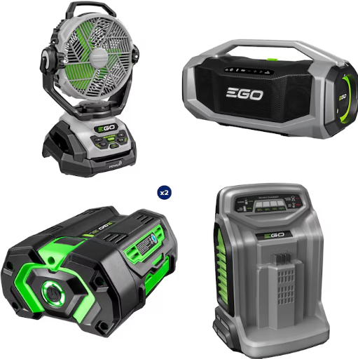 EGO 10" Misting Jobsite Fan, Speaker, Shop Vac & 2-Pack 5Ah Battery Garage & Backyard Combo Kit Deal