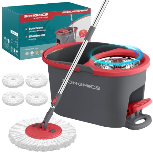 SONGMICS Spin Mop and Bucket Set with Pedal Wringer, 4 Microfiber Pads