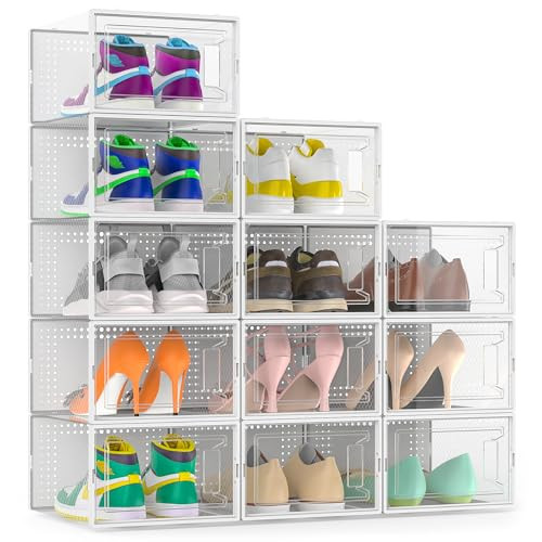 12-Pack 13.1" Secret Space Stackable Shoe Organizer Storage Boxes (Clear)