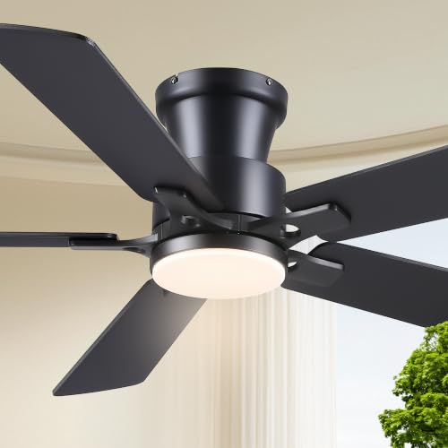 JSAITEE 52in Flush Mount Remote Control Ceiling Fans with Lights Low Profile, Black Deal