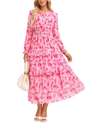 GRACE KARIN Women's Long Sleeve V-Neck Smocked Maxi Floral Chiffon Dress