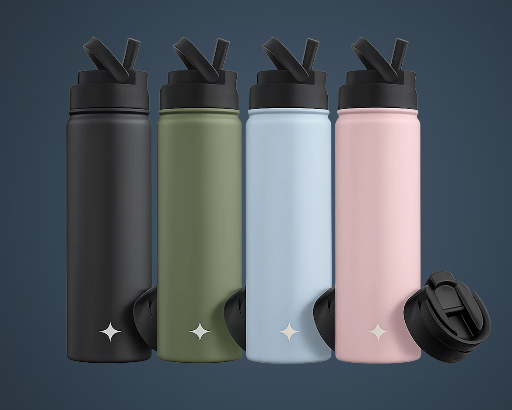 JoyJolt 22oz Triple Insulated Stainless Bottles with Flip & Straw Lids - 4 Pack Deal