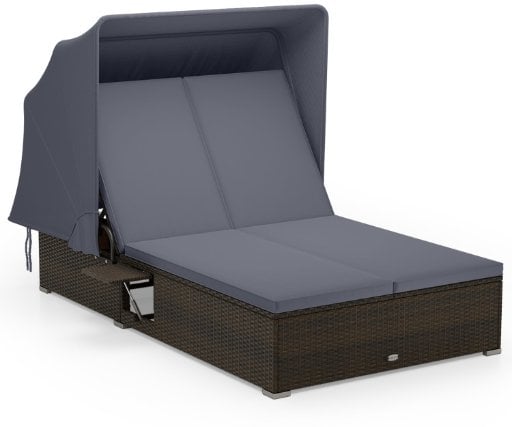 Costway Patio Double Chaise Lounge Recliners w/ Canopy Shade, Cushions & Folding Side Trays (Gray) Deal