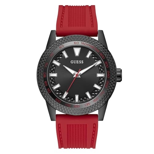 Guess Men's 46mm Watch - Red Silicone Strap Black Dial Black Case Deal