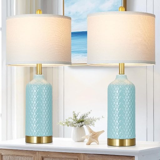 26" Aqua Blue Ceramic Table Lamps Set of 2 Deal