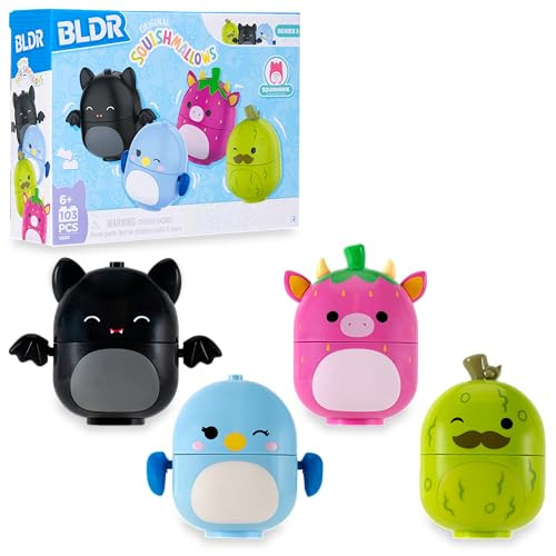 BLDR Squishmallows Buildable Figure - Emily The Bat, Bebe The Bluebird, Cleary The Strawberry Cow, Charles The Pickle