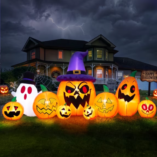 GVDV 8FT Halloween Inflatable Pumpkin with Witch Hat & Built-in LEDs