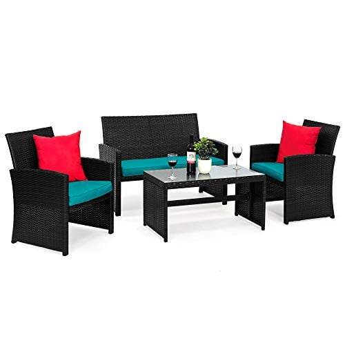 4-Piece Outdoor Wicker Patio Conversation Furniture Set w/ Coffee Table & Seat Cushions Deal