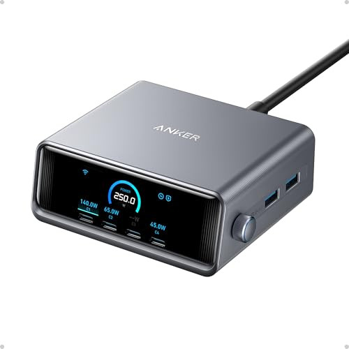 Anker 250W GaN Prime 6-Port USB-C Charging Station w/ 2.26" Display + 3' 240W USB C Fast Charging Cord