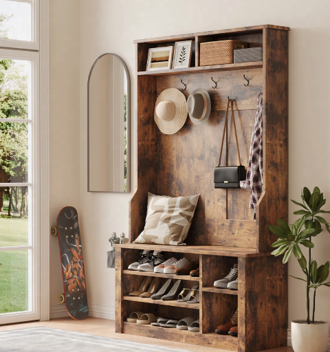 Millwood Pines Delenna 39.37" Wide Farmhouse Hall Tree with Bench, Shoe Storage, Side Baskets and Hooks