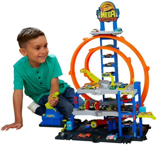 Hot Wheels Mega Loop Garage Playset with 1 Die-Cast Toy Car & 1 Toy Helicopter in 1:64 Scale