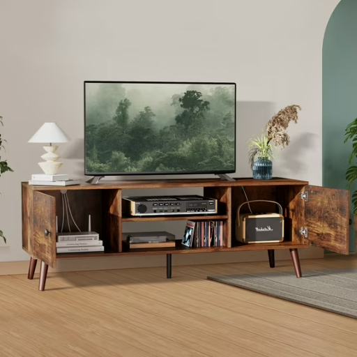 GIANNA Mid-Century Modern TV Stand w/ Storage & 2 Cabinets (Vintage Brown) Deal