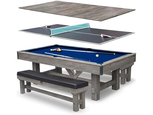 7' Hathaway Logan Pool Table Combo with Benches (Rustic Gray Barnwood Finish, Blue Felt)